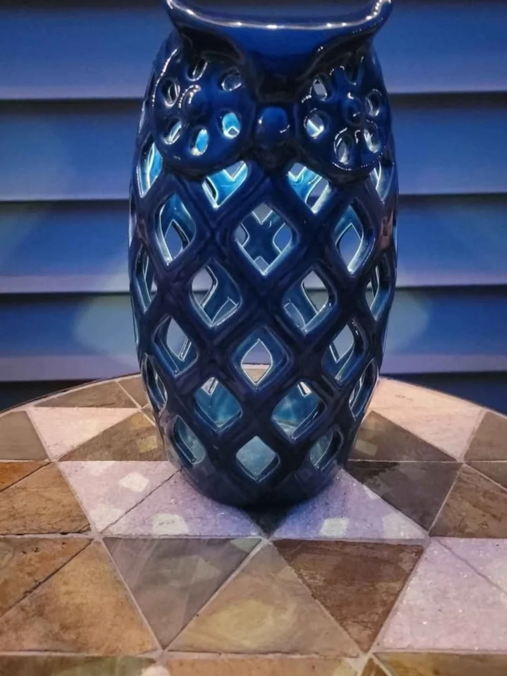 Blue Ceramic Owl Lantern - Decorative Outdoor Solar Light Accent